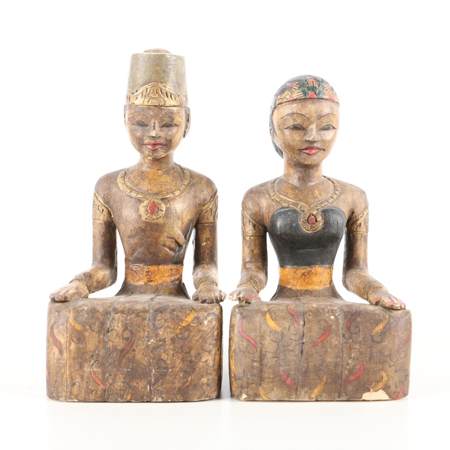 Pair of Southeast Asian Style Wooden Sculptures of a Wedding Couple