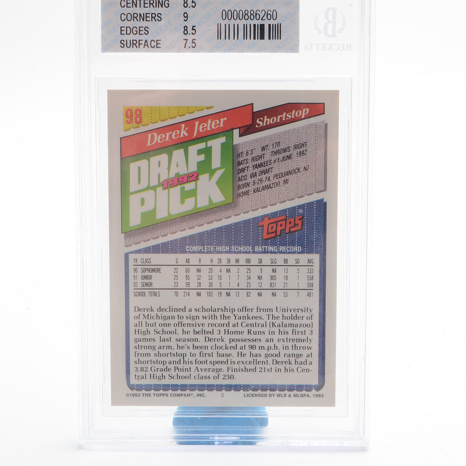 1993 Derek Jeter Topps Graded Rookie Card