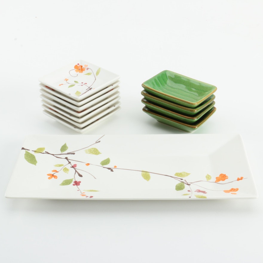 Japanese Sushi Serving Platter and Individual Sauce Dishes