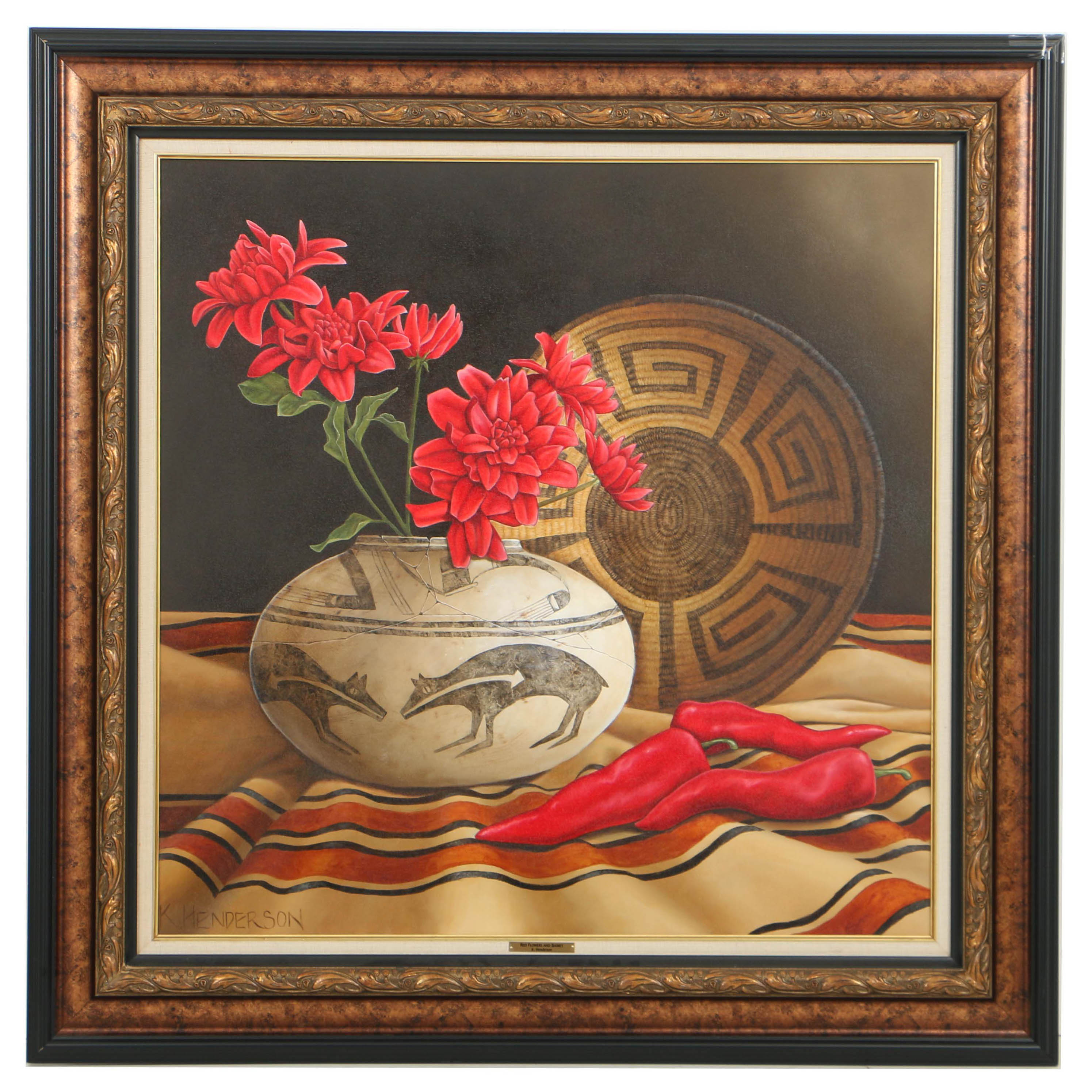 Kay Henderson Oil Painting on Canvas "Red Flowers and Basket"