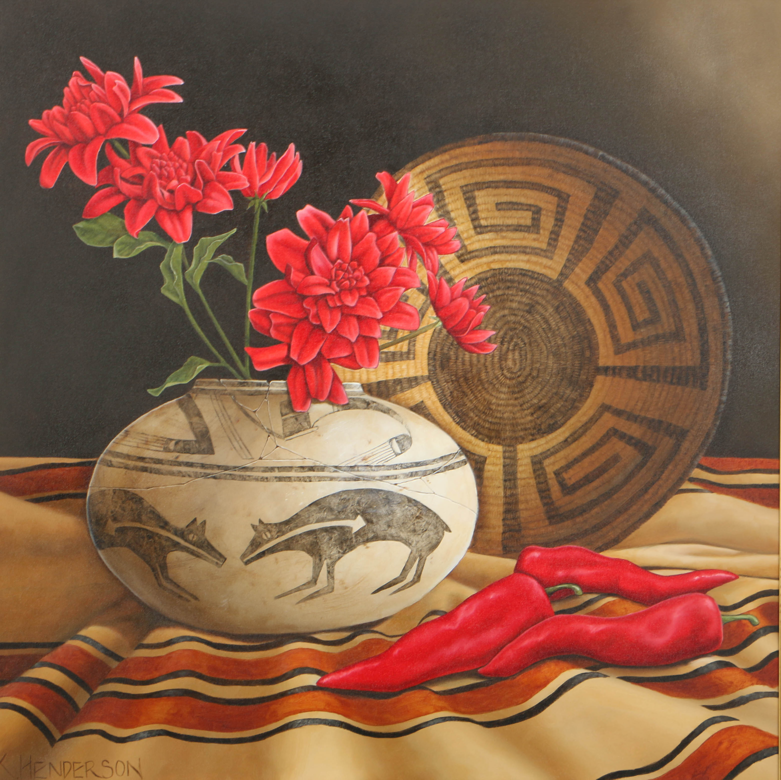 Kay Henderson Oil Painting on Canvas "Red Flowers and Basket"