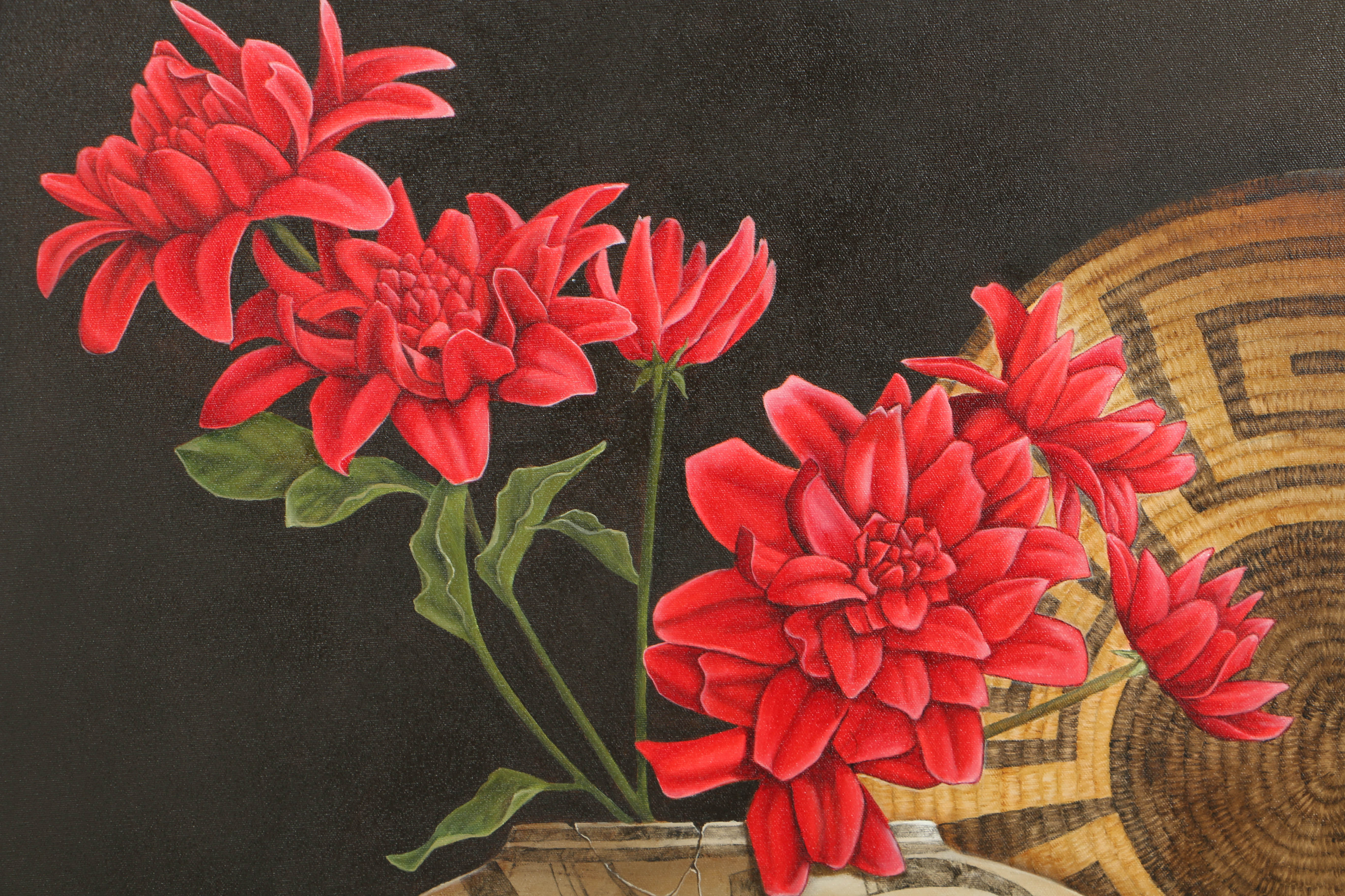 Kay Henderson Oil Painting on Canvas "Red Flowers and Basket"