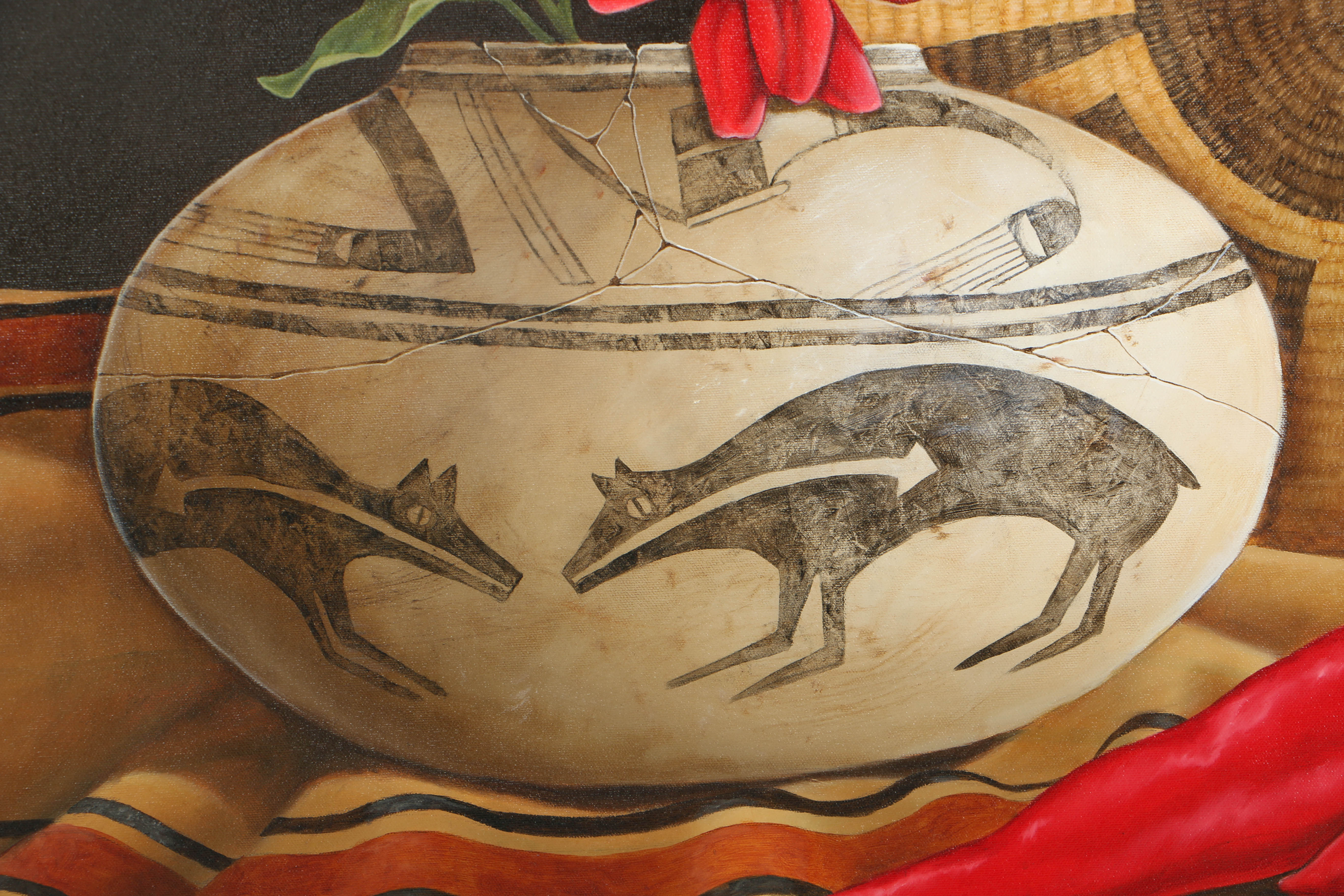 Kay Henderson Oil Painting on Canvas "Red Flowers and Basket"