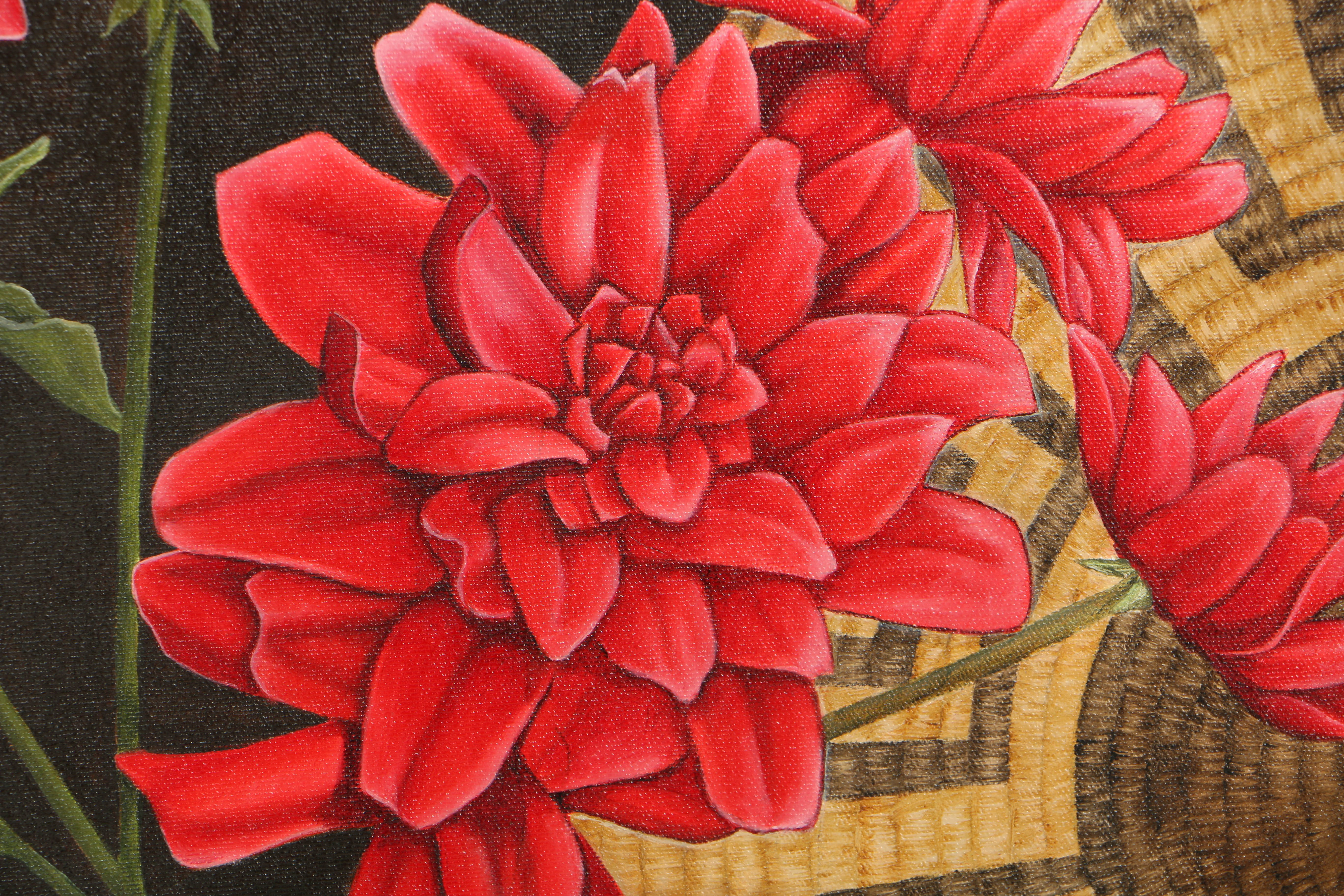 Kay Henderson Oil Painting on Canvas "Red Flowers and Basket"