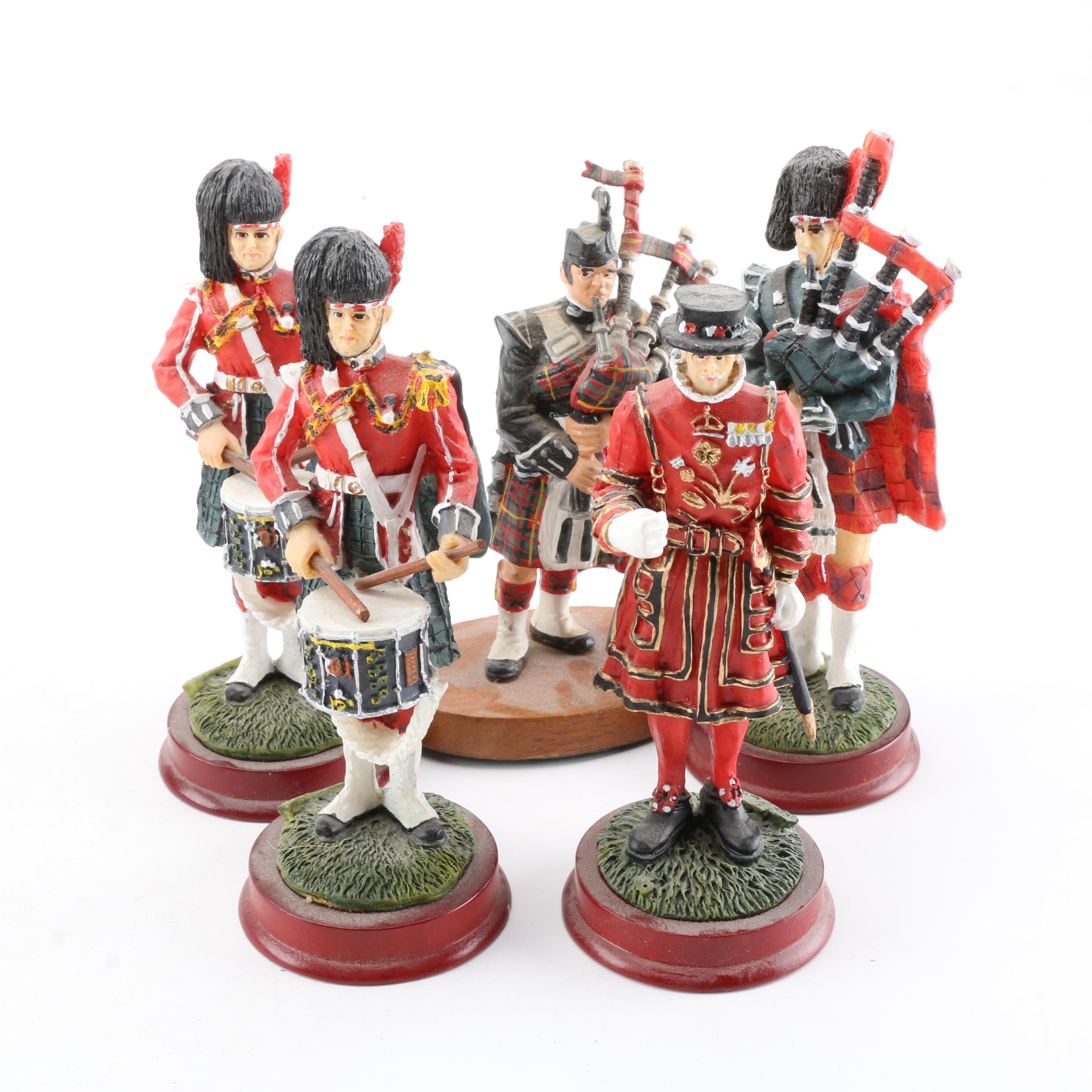 British Military Figurines Including Bagpipers and Beefeaters