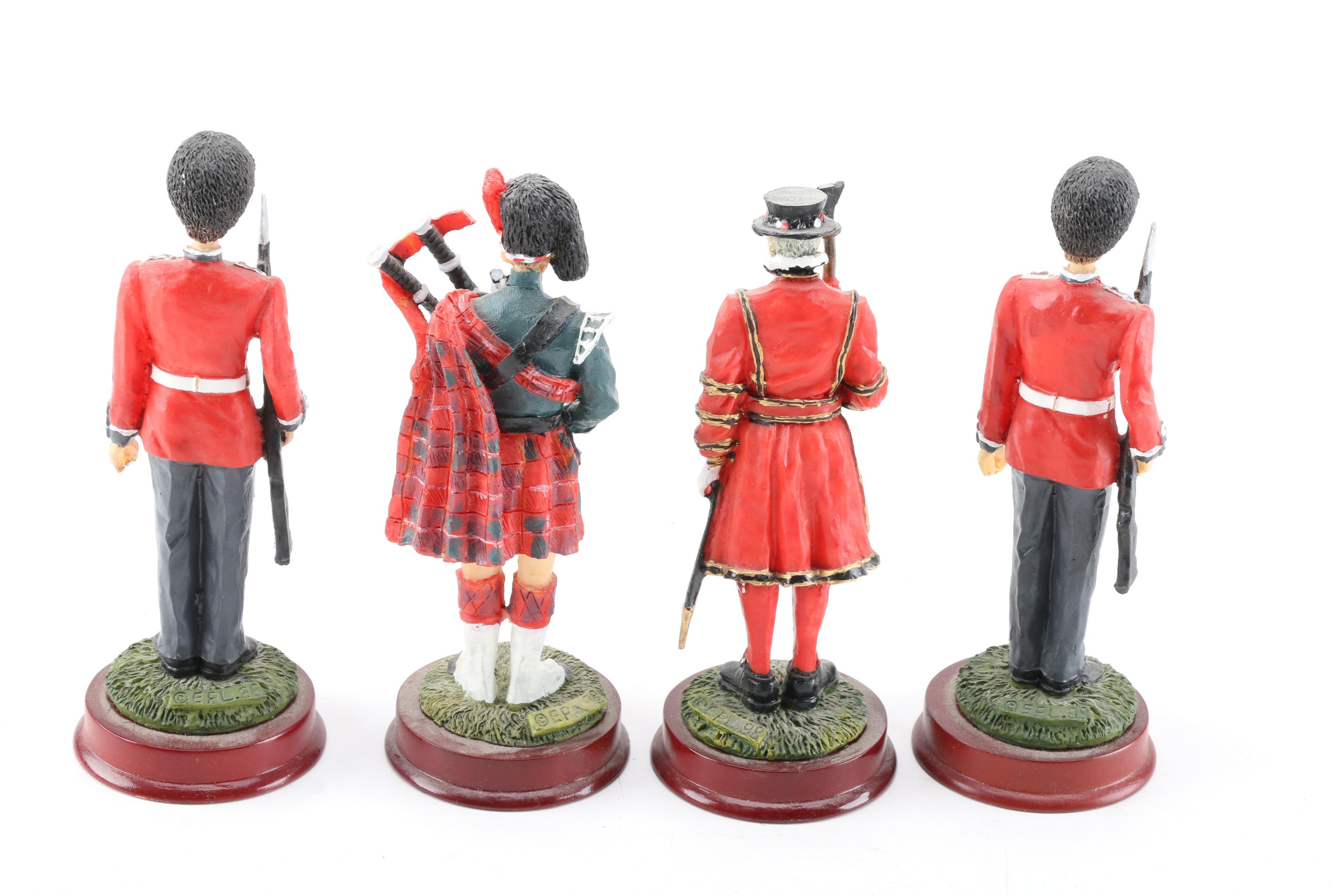 British Military Figurines Including Bagpipers and Beefeaters
