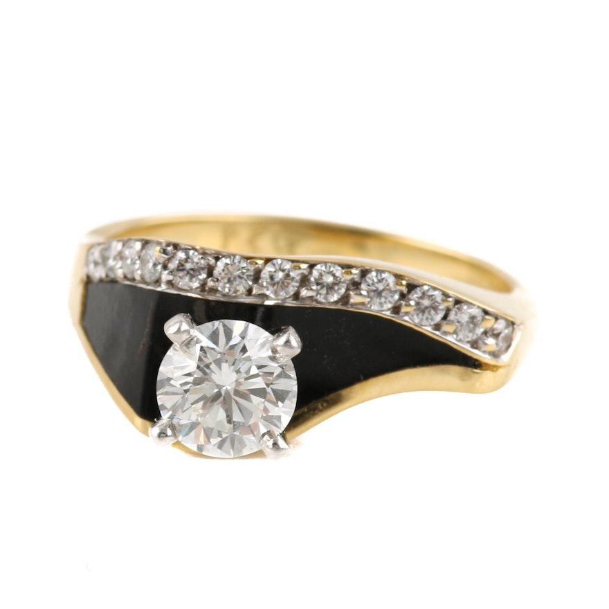 18K Yellow Gold Diamond and Black Coral Ring