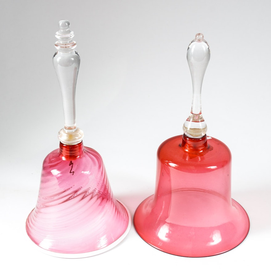 Pairing of Victorian Era English Cranberry Glass Wedding Hand Bells