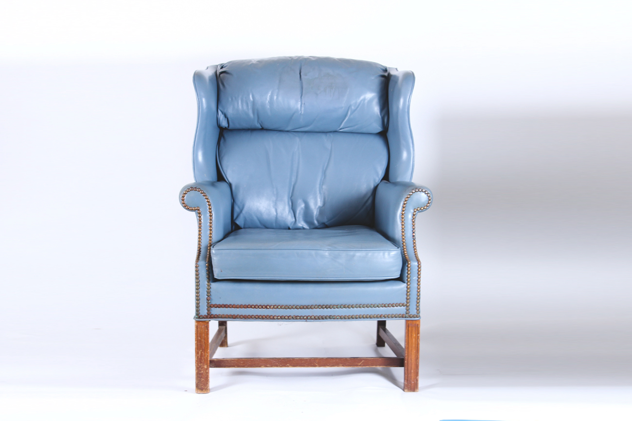 Stegman's Vintage Blue Leather Upholstered Wingback Armchair