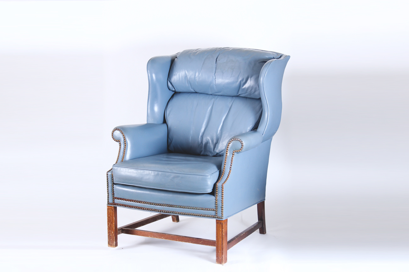Stegman's Vintage Blue Leather Upholstered Wingback Armchair