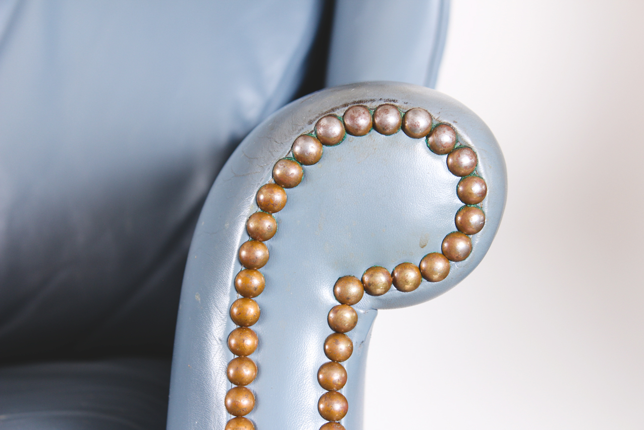 Stegman's Vintage Blue Leather Upholstered Wingback Armchair