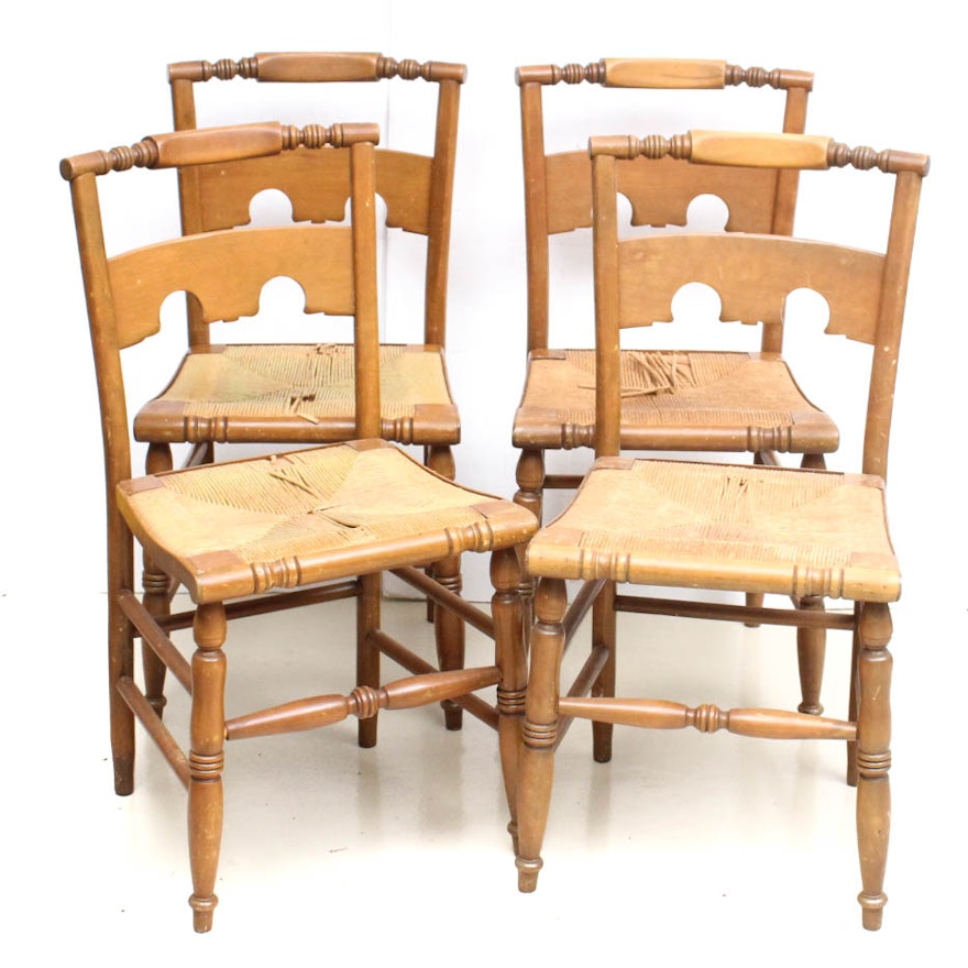 Set of Four Vintage Wood and Rush Chairs