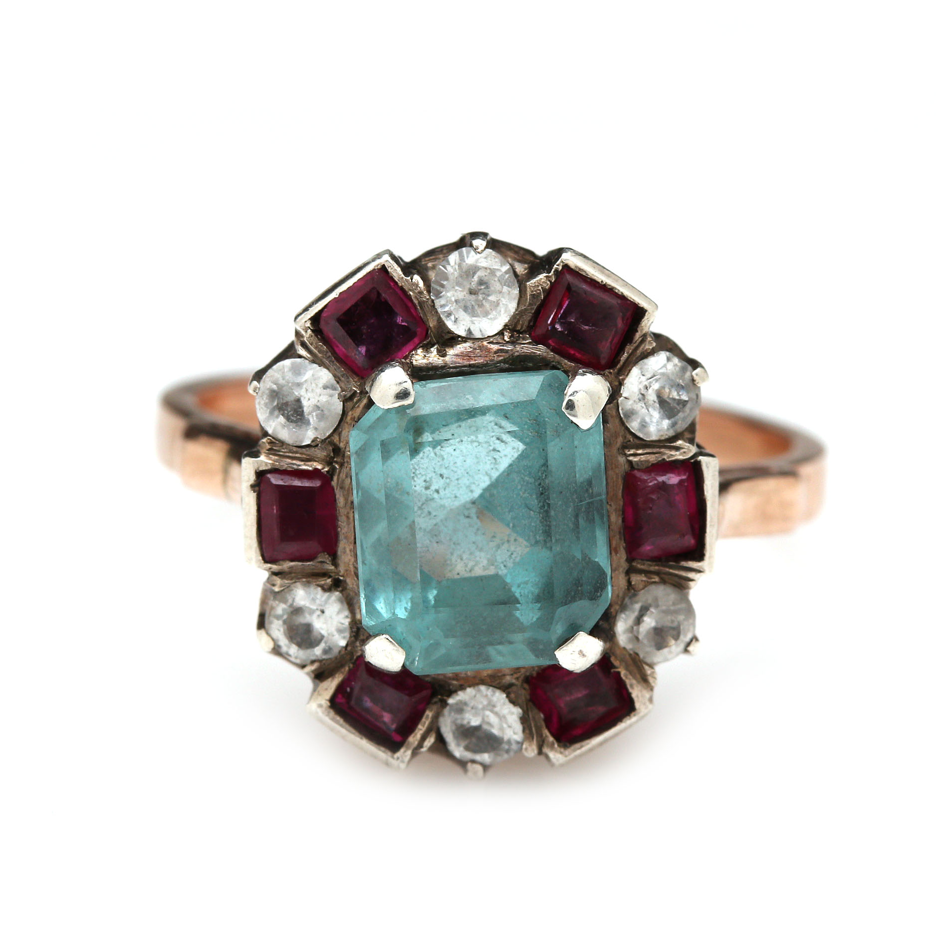 Vintage 10K Yellow Gold 2.16 CT Aquamarine, Sapphire and Ruby Ring