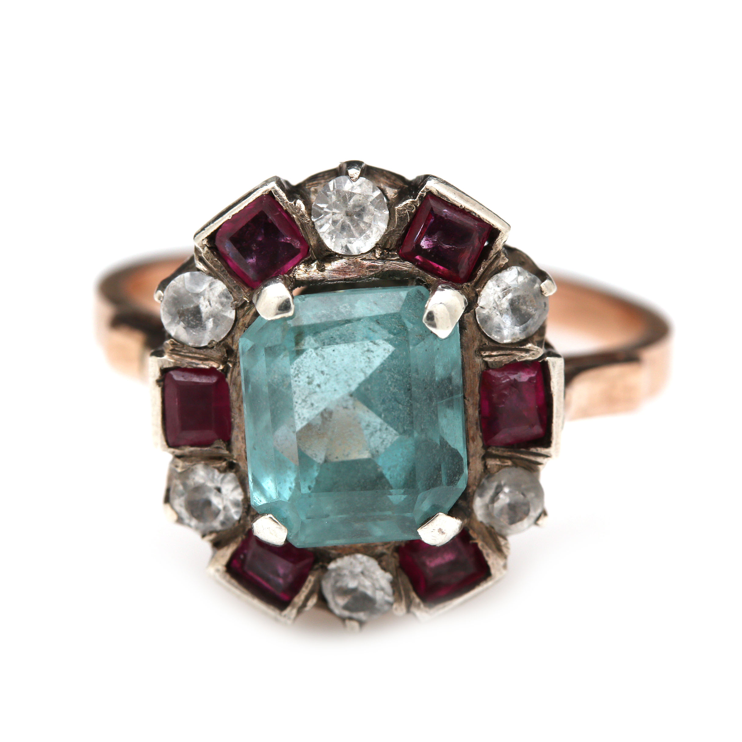Vintage 10K Yellow Gold 2.16 CT Aquamarine, Sapphire and Ruby Ring