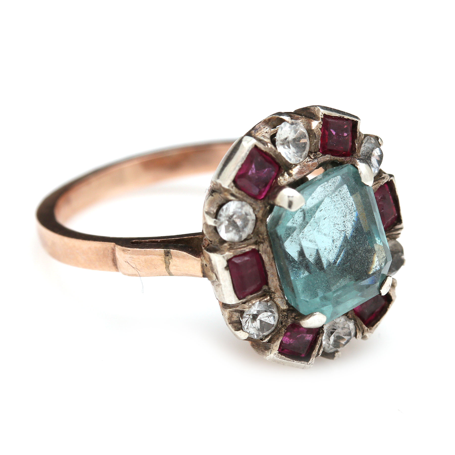 Vintage 10K Yellow Gold 2.16 CT Aquamarine, Sapphire and Ruby Ring