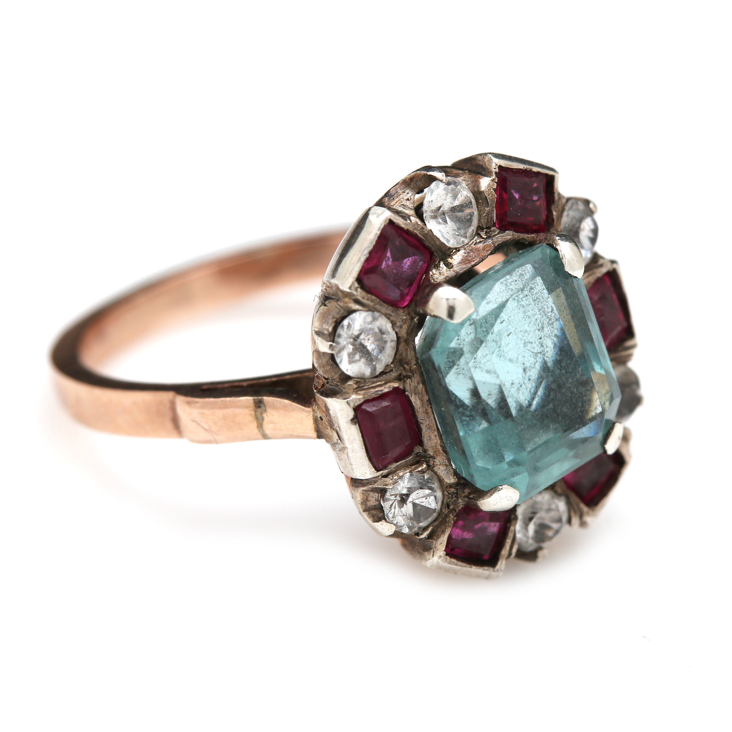 Vintage 10K Yellow Gold 2.16 CT Aquamarine, Sapphire and Ruby Ring