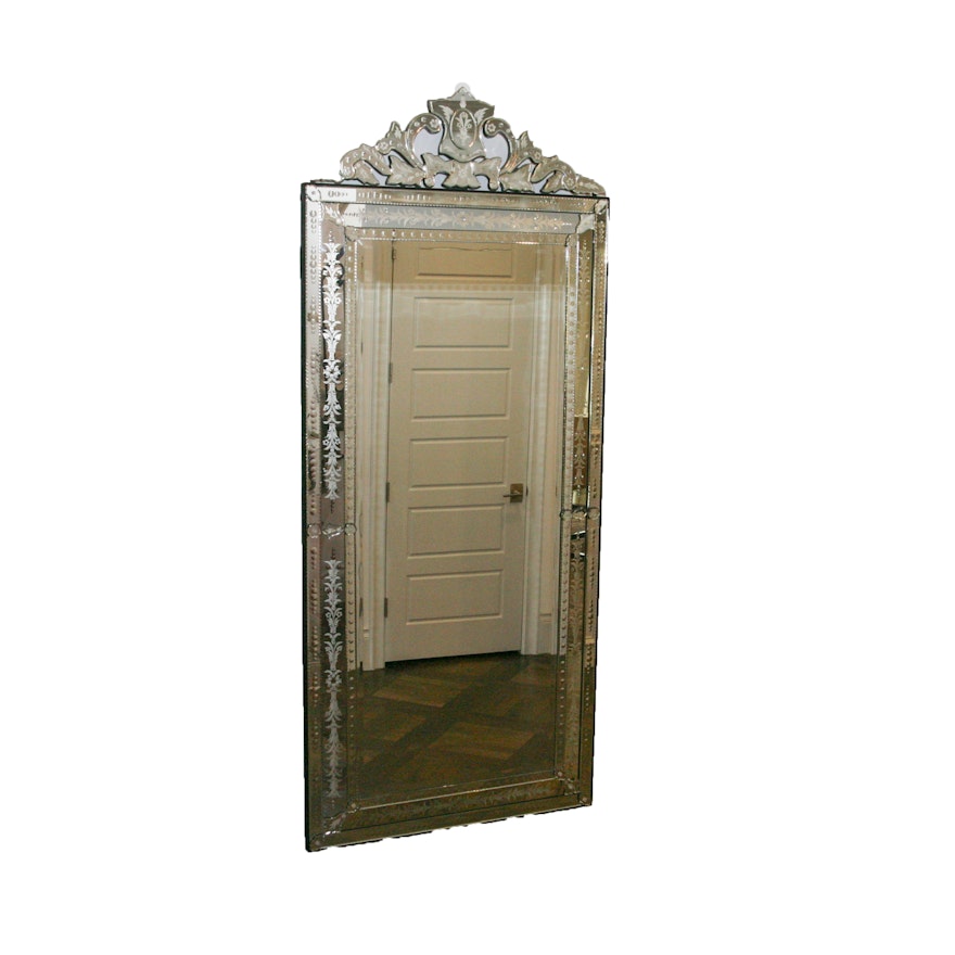 Full Length Venetian Beveled Mirror with Etched Mirrored Frame