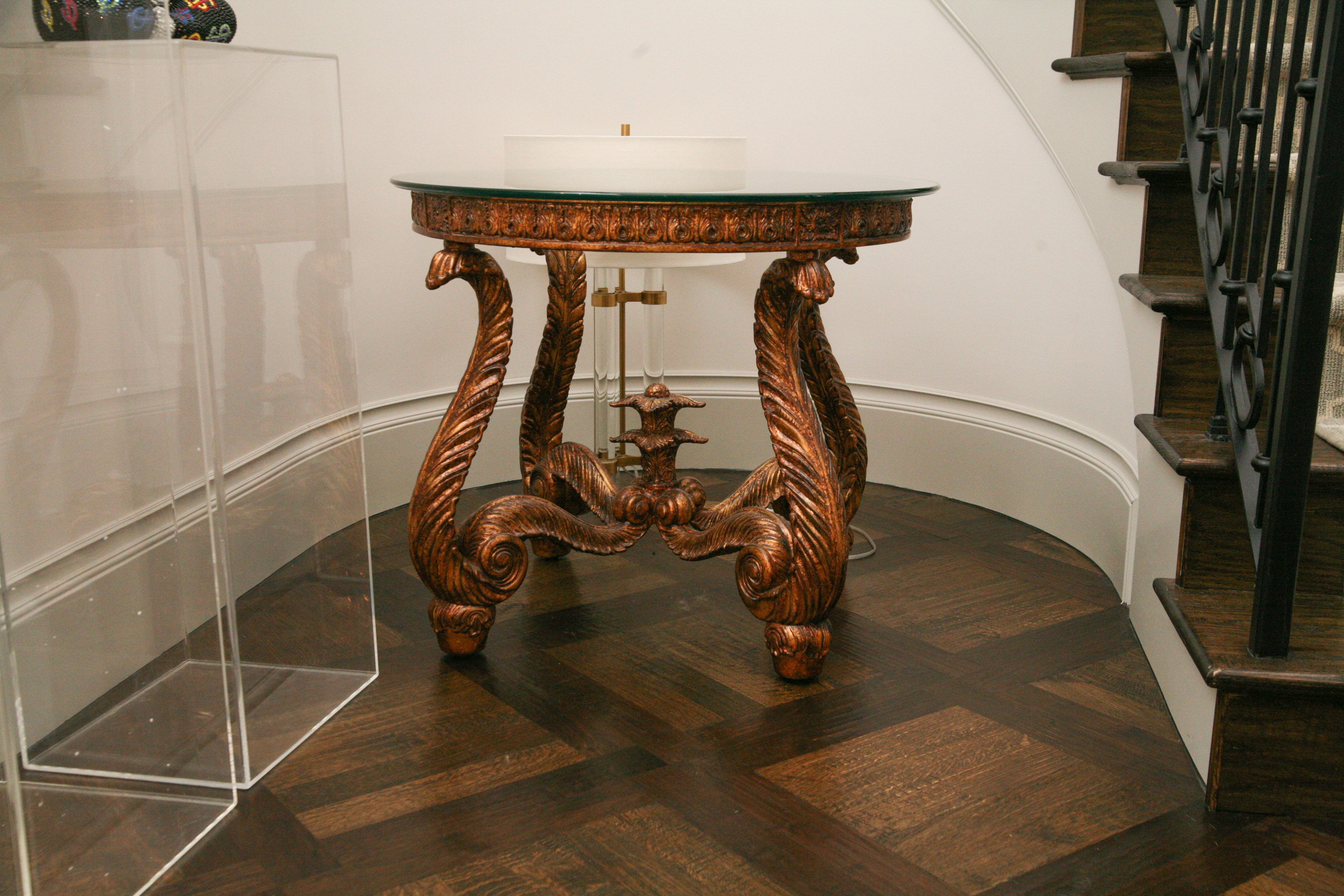 Glass Top Neoclassical Style Table with Tablecloth