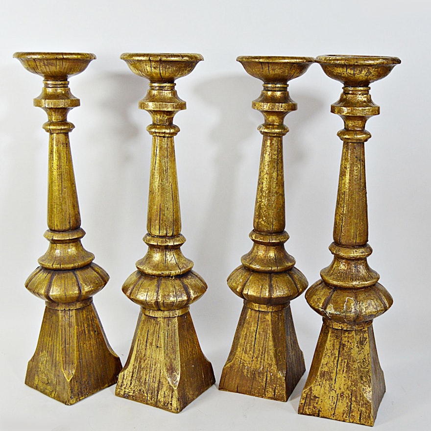 Set of Gilded Wood Pillar Candleholders from Frontgate