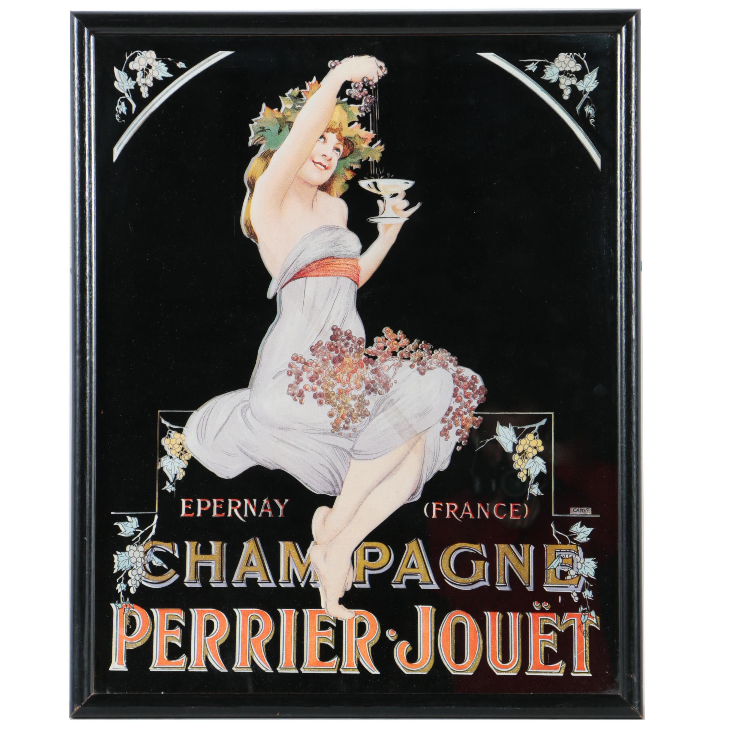 Art Nouveau Style Lithograph on Mirror Featuring Perrier Jouët