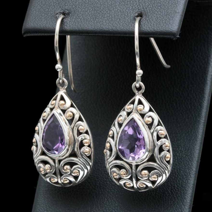 Sterling Silver, 18K Yellow Gold and Amethyst Earrings