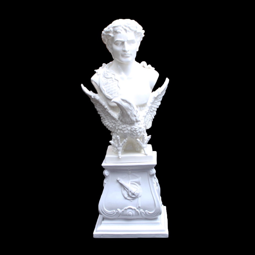 White Ceramic Roman Style Bust and Stand