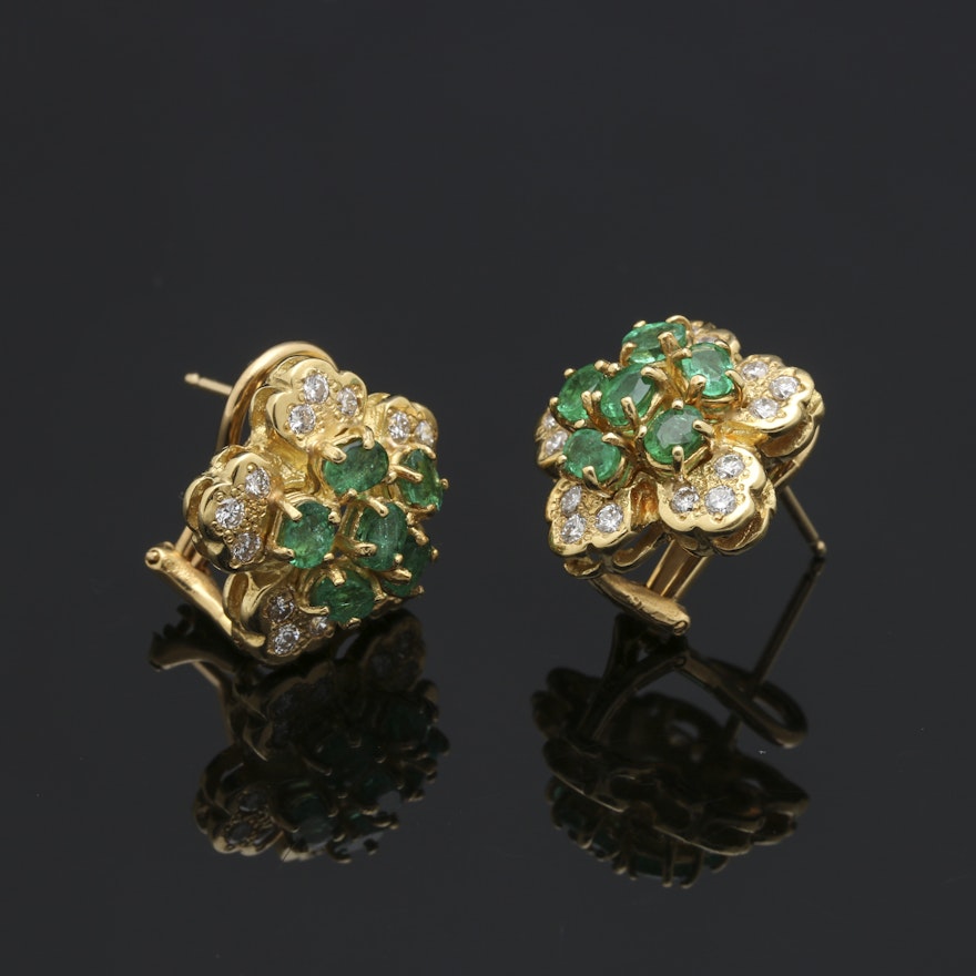 18K Yellow Gold 1.20 CTW Emerald and Diamond Earrings