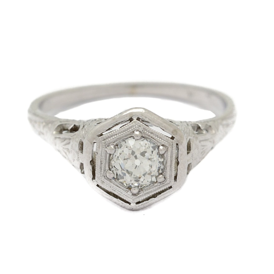 Vintage 18K White Gold Diamond Filigree Ring