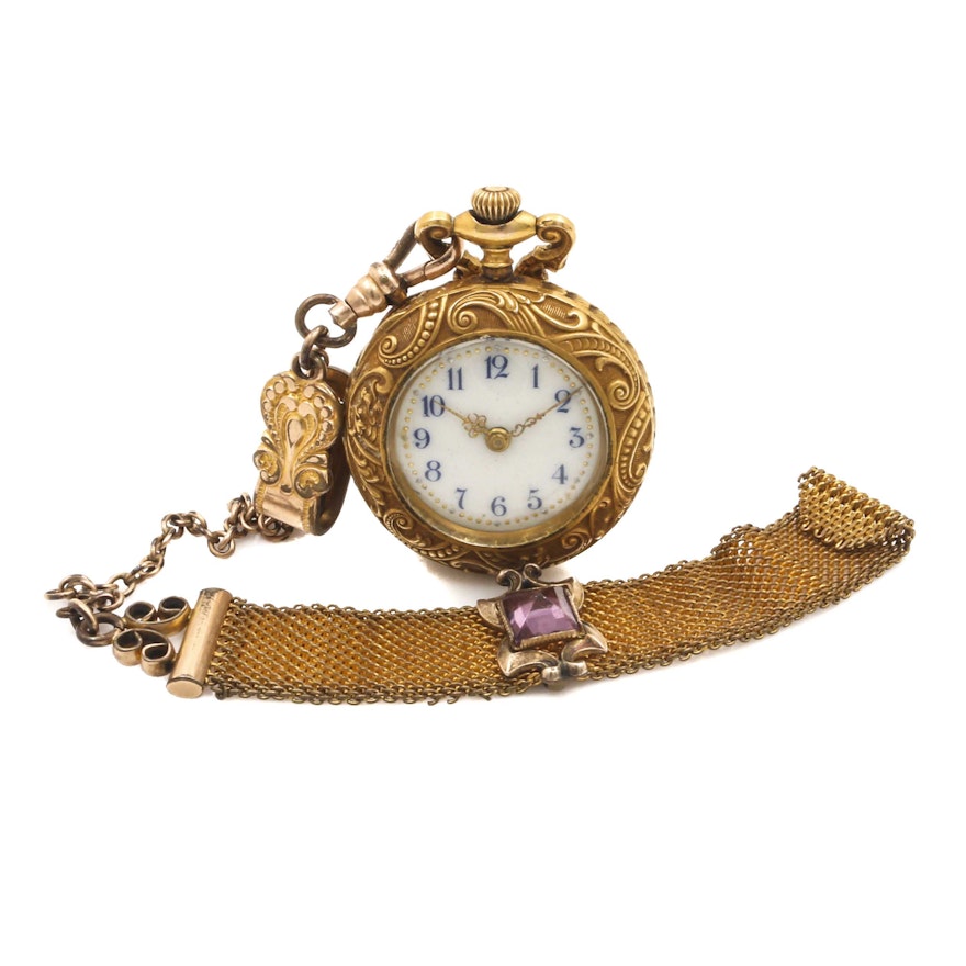 Gold Tone Pocket Watch, Chain and Fob