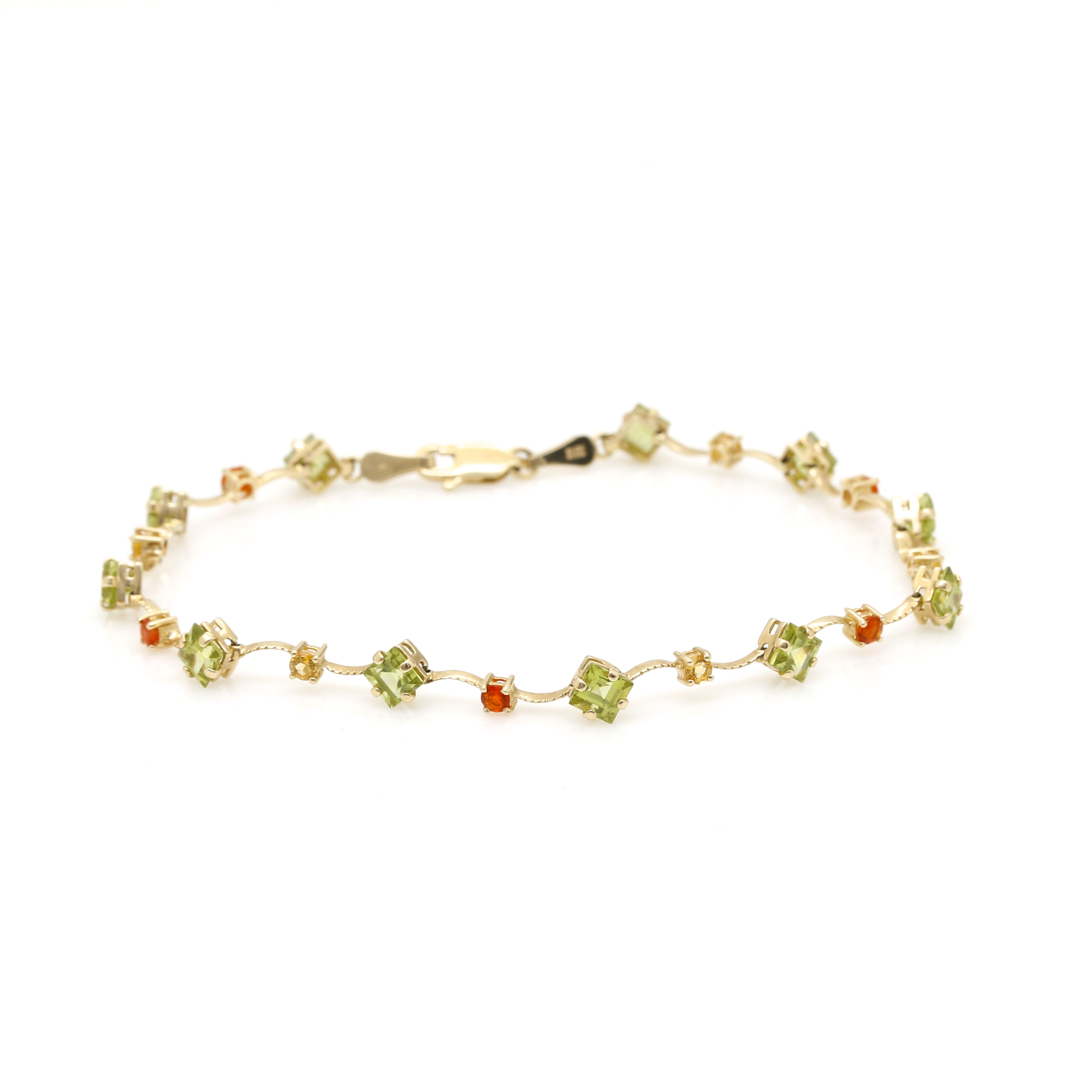 14K Yellow Gold Peridot, Citrine, and Fire Opal Tennis Bracelet
