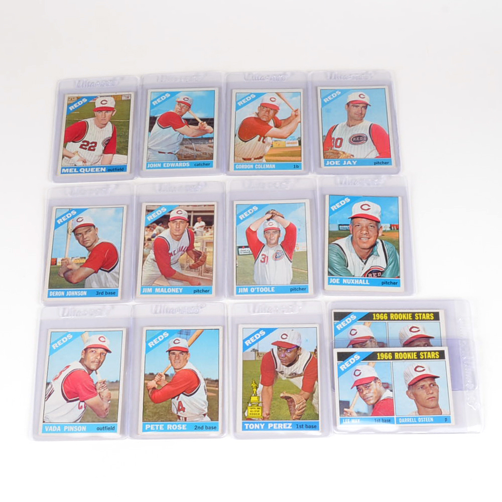 Thirteen 1966 Cincinnati Reds Topps Baseball Cards With Rose/Perez