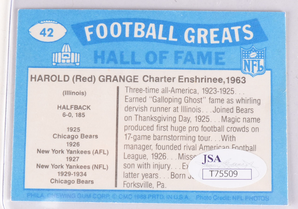 Red Grange Chicago Bears Hall Of Fame Signed Football Card JSA