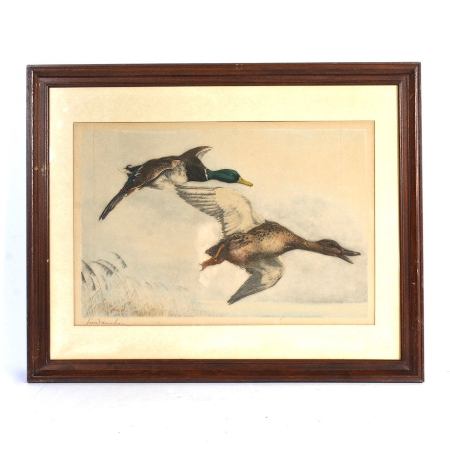 Leon Danchin Chromolithograph with Ducks in Flight