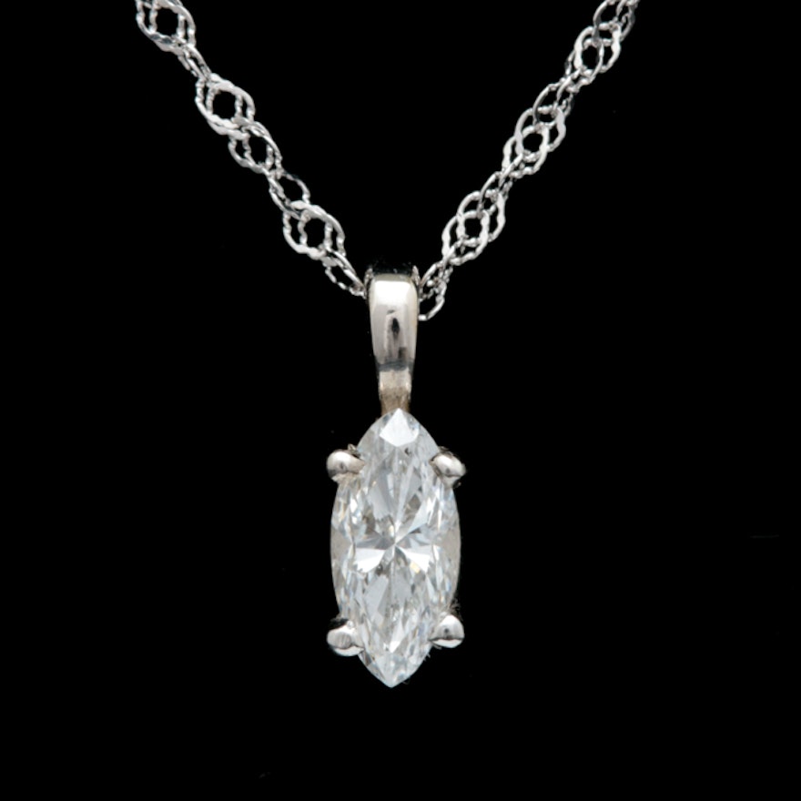 14K White Gold and Marquise Cut Diamond Solitaire Pendant with Chain