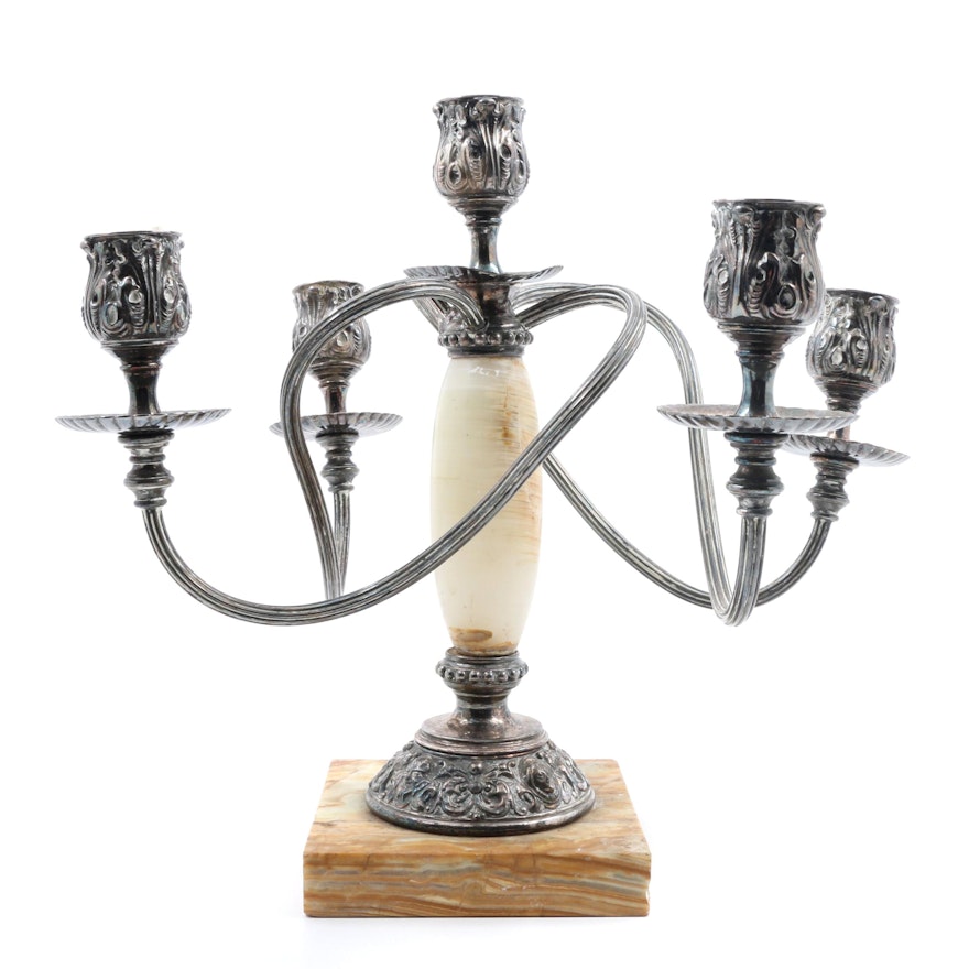 James W. Tufts Antique Quadruple Plated Silver and Marble Candle Stick Holder