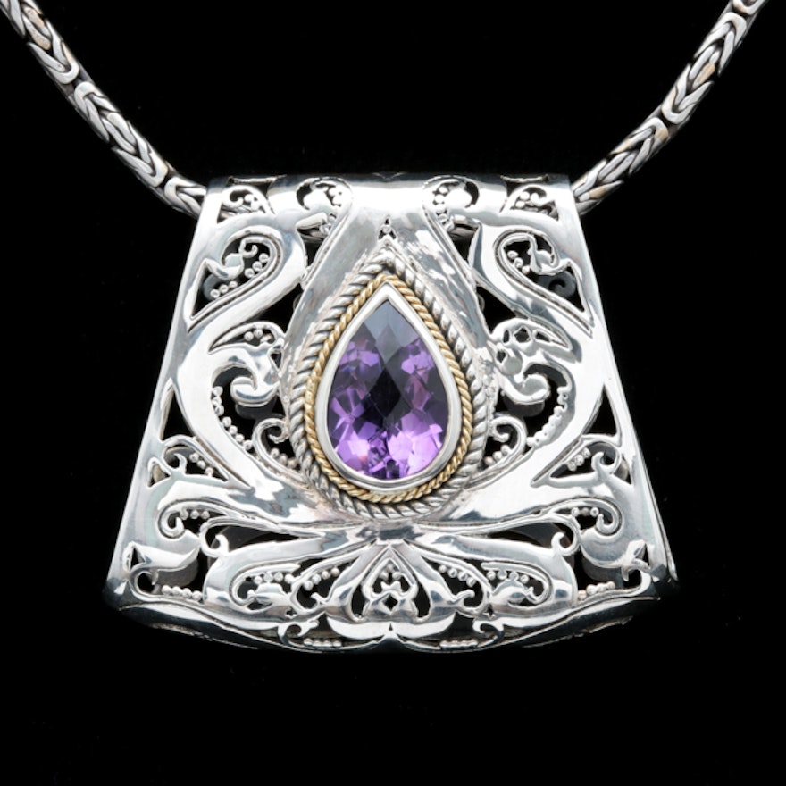 Robert Manse Sterling Silver, 18K Yellow Gold and Amethyst Pendant with Chain