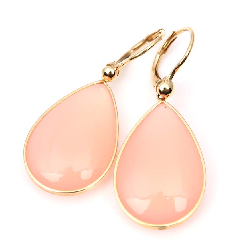 14K Yellow Gold Pink Quartz Bezel Set Dangle Earrings