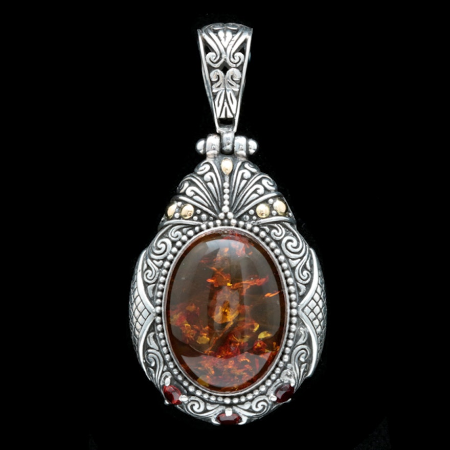 Robert Manse Sterling Silver, 18K Yellow Gold, Amber and Garnet Pendant