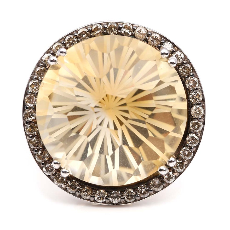 Sterling Silver 25.65 Carat Citrine and Diamond Halo Ring