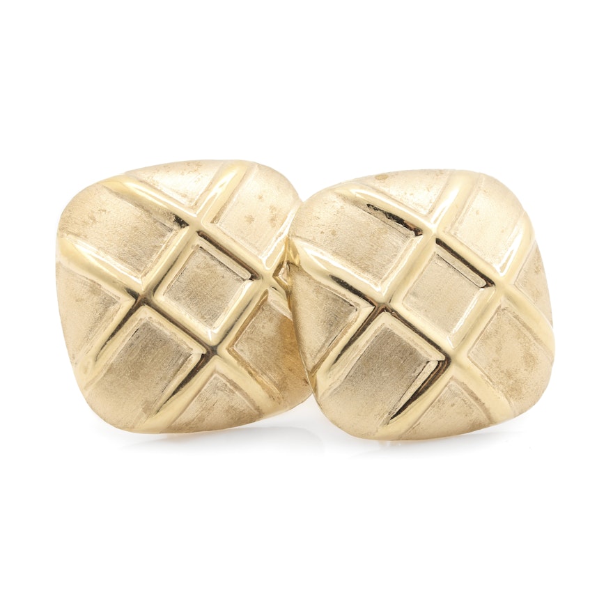 14K Yellow Gold Square Crosshatch Earrings