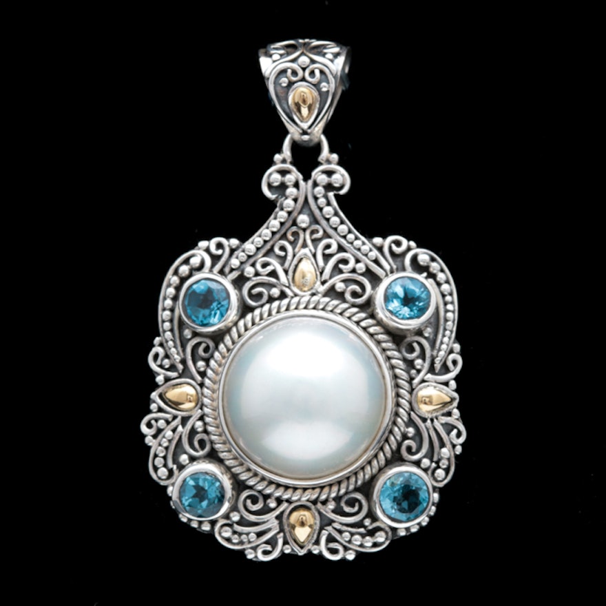 Robert Manse Sterling Silver, 18K Yellow Gold, Mabé Pearl and Blue Topaz Pendant