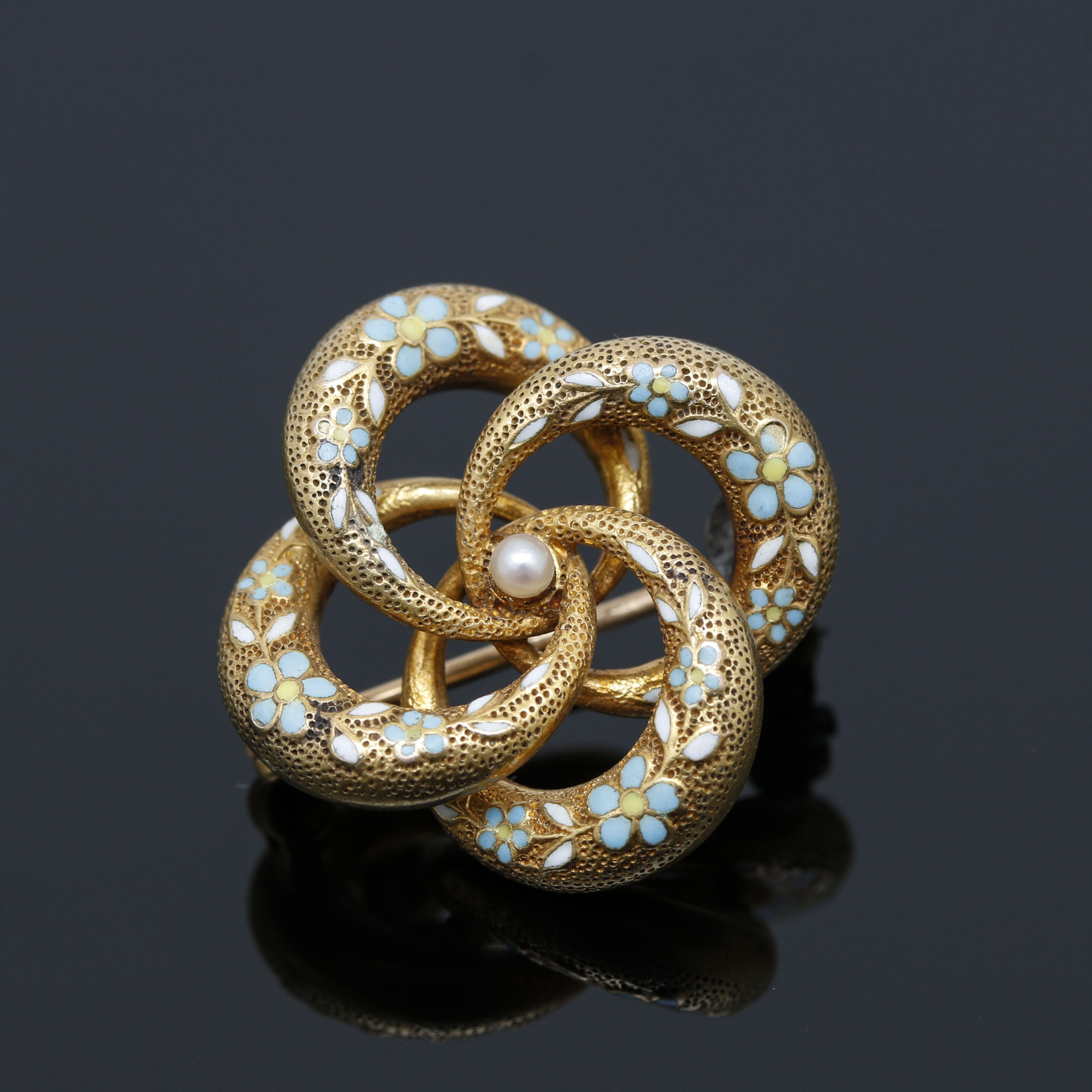 Art Nouveau 14K Yellow Gold Cultured Seed Pearl and Enamel Brooch