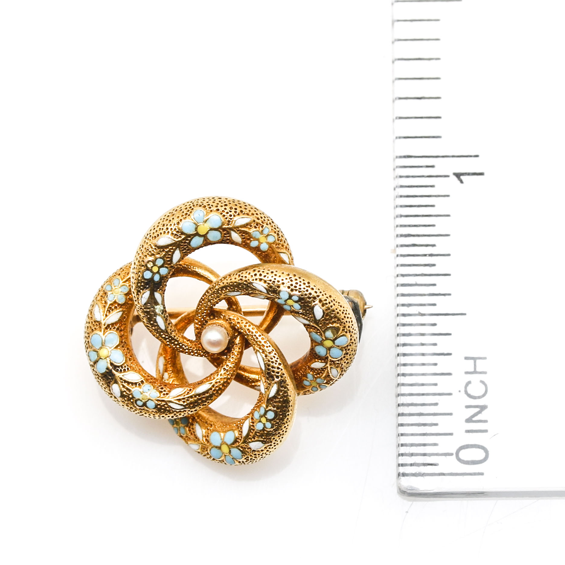 Art Nouveau 14K Yellow Gold Cultured Seed Pearl and Enamel Brooch