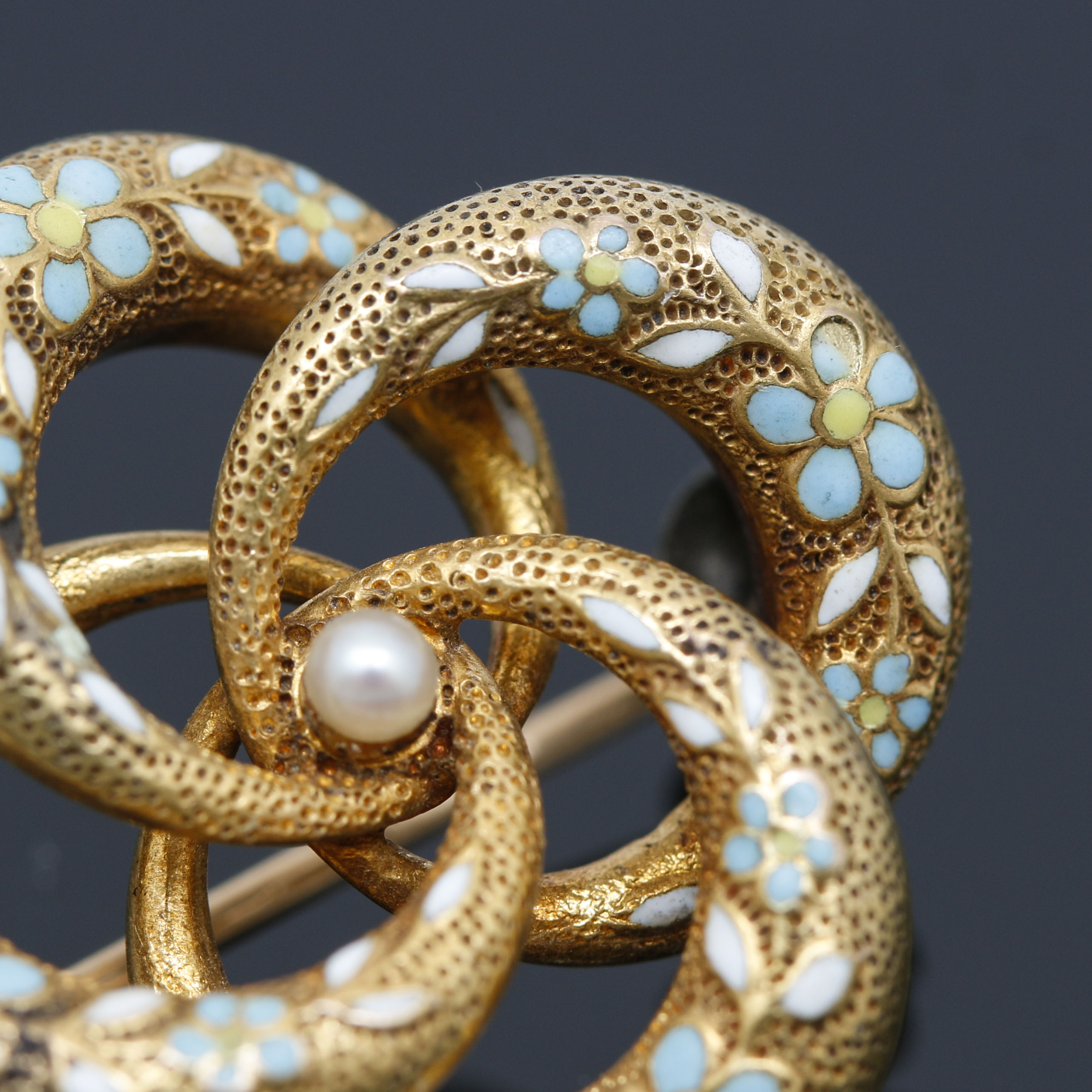 Art Nouveau 14K Yellow Gold Cultured Seed Pearl and Enamel Brooch