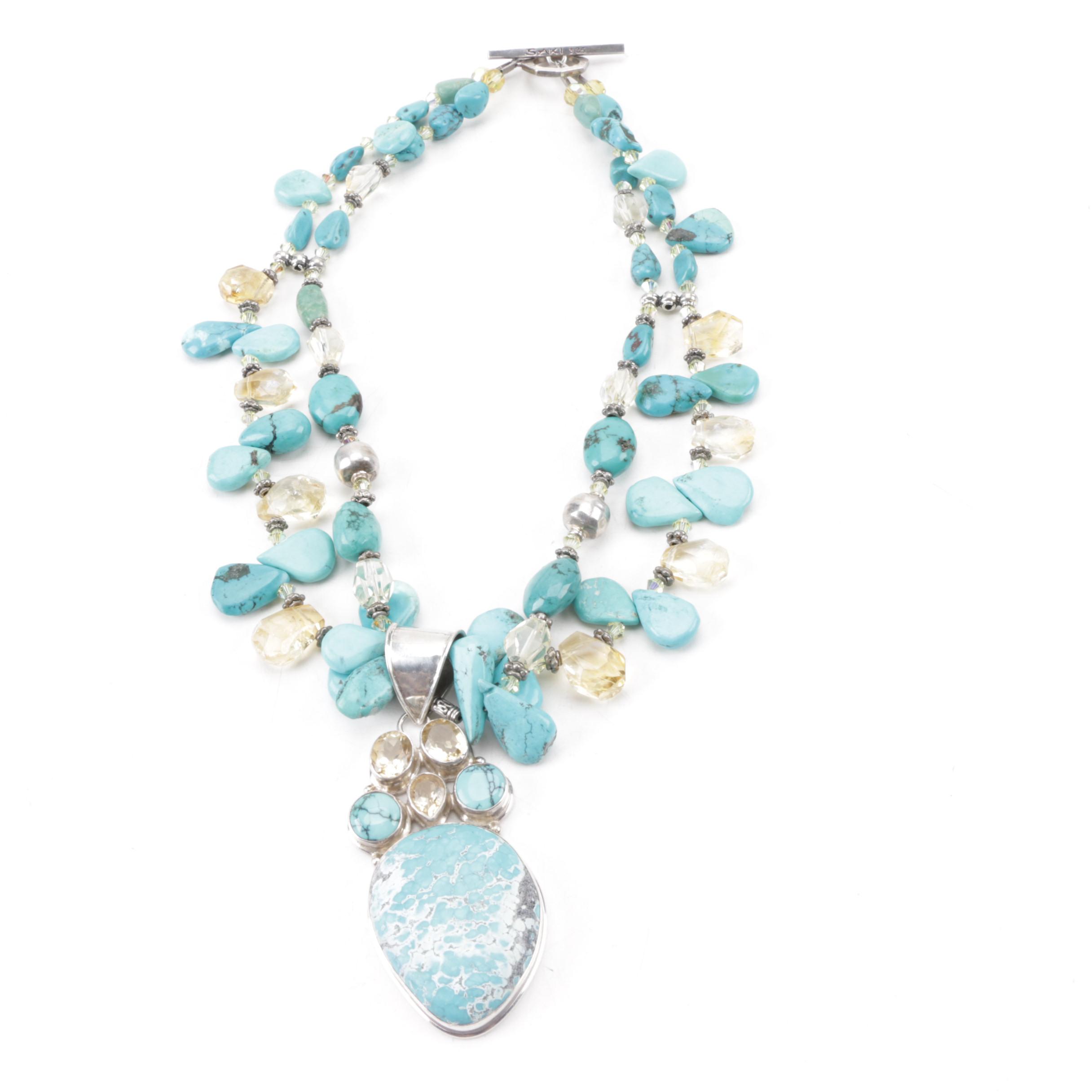 Saki Sterling Silver Turquoise, Citrine, Howlite, and Glass Necklace