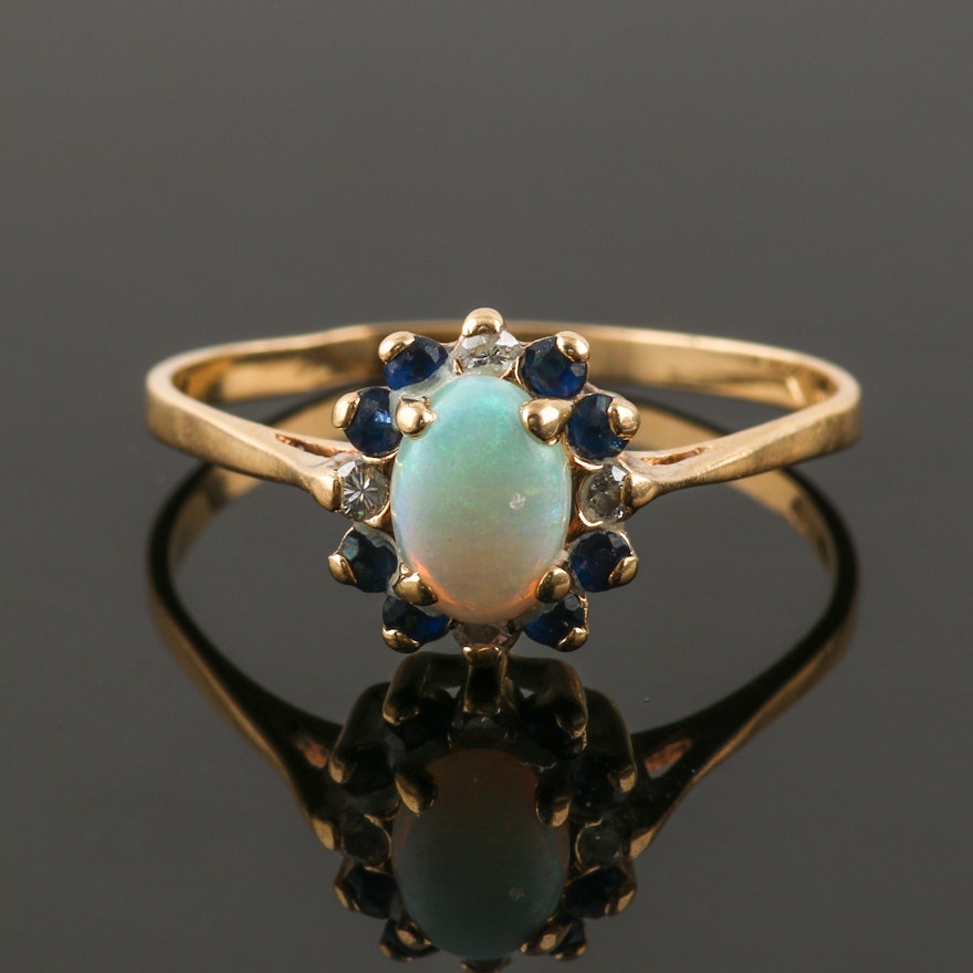 14K Yellow Gold Opal, Sapphire and Diamond Ring