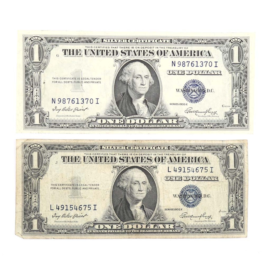 Two 1935-E Blue Seal $1 Silver Certificates