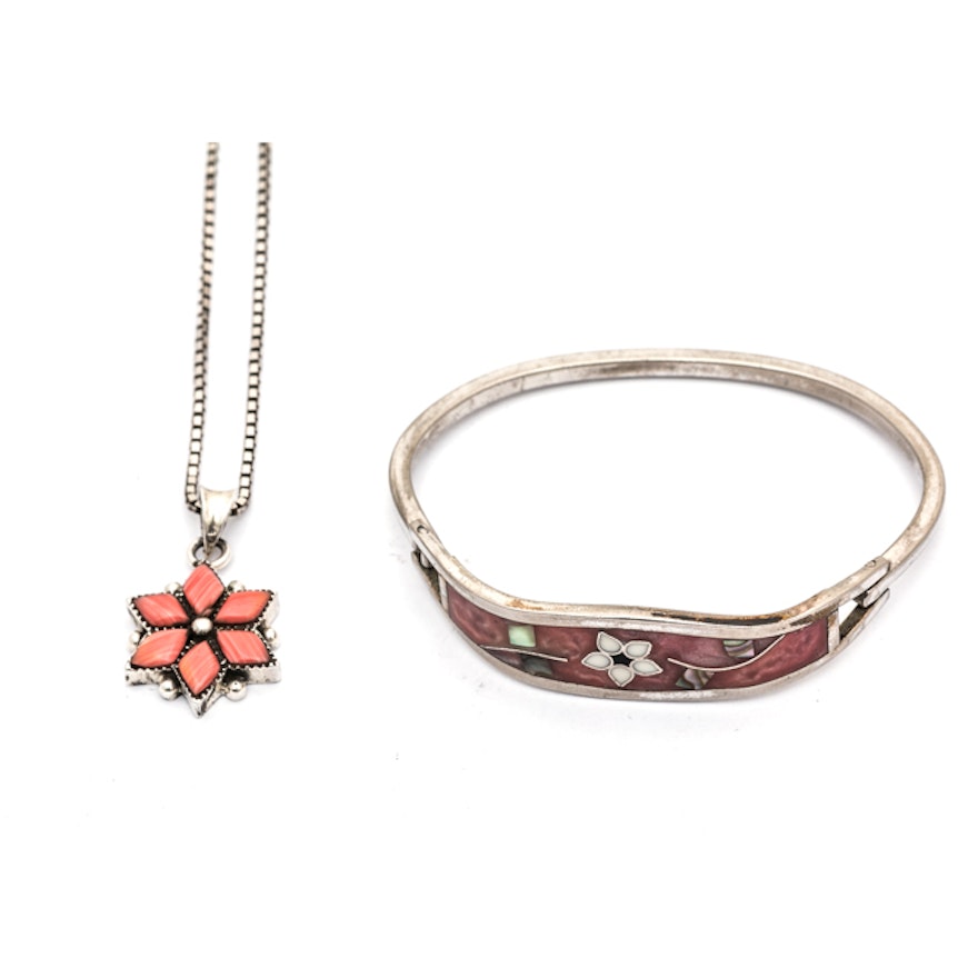 Sterling Silver Coral Pendant Necklace and Taxco Multi-Stone Bracelet