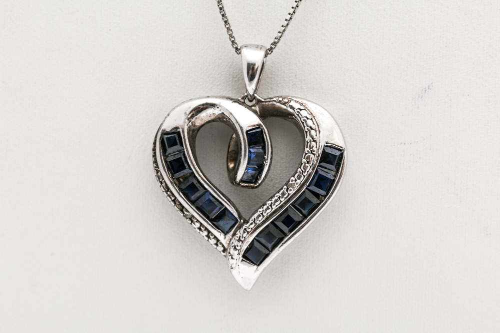 Sterling Silver Imitation Sapphire Heart Pendant Necklace