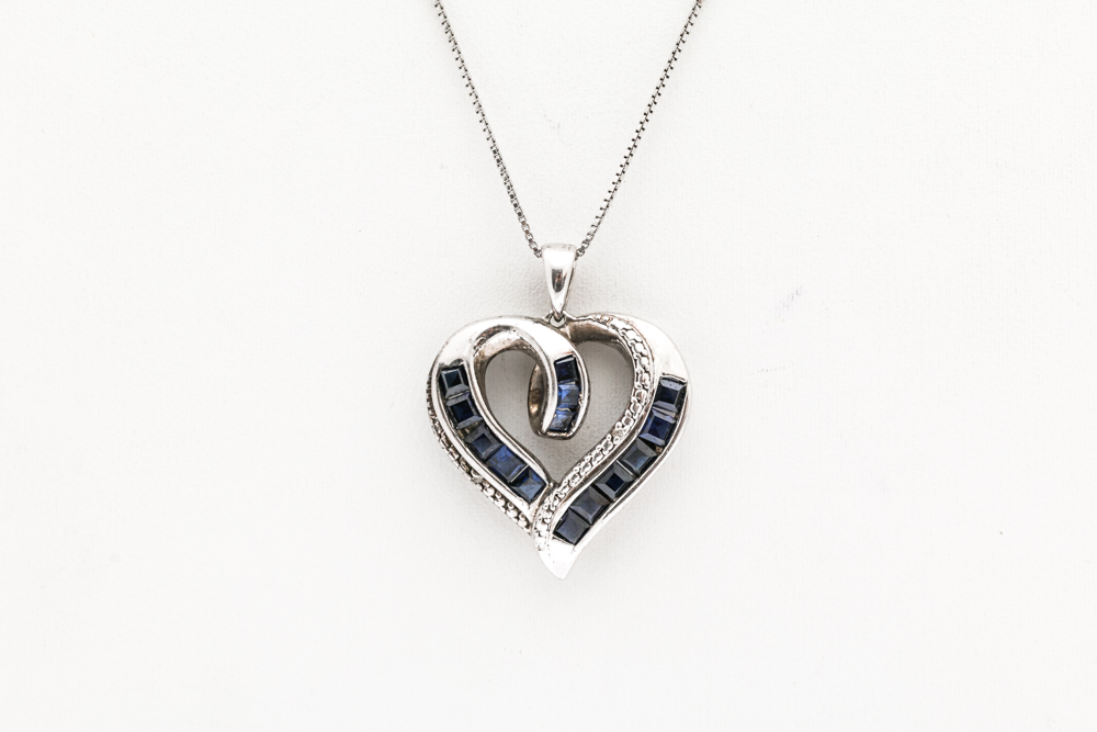 Sterling Silver Imitation Sapphire Heart Pendant Necklace